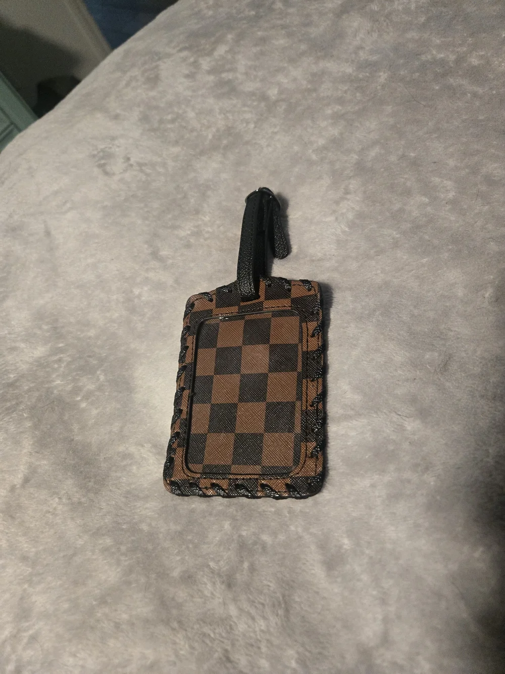 Brown Checkered Leather Luggage Tag - Unbranded